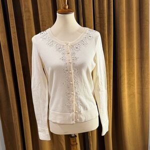 Charter Club Cream Embroidered Button-Front Cardigan